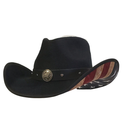 Army Heroes Renegade Series black cotton poly felt cowboy hat featuring an American flag design and rugged Western style