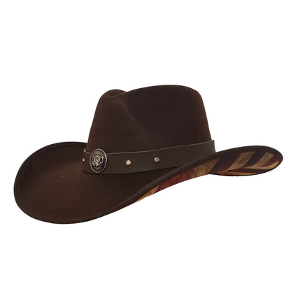 Army Heroes Renegade Series brown cotton poly felt cowboy hat with an American flag design and rugged Western style