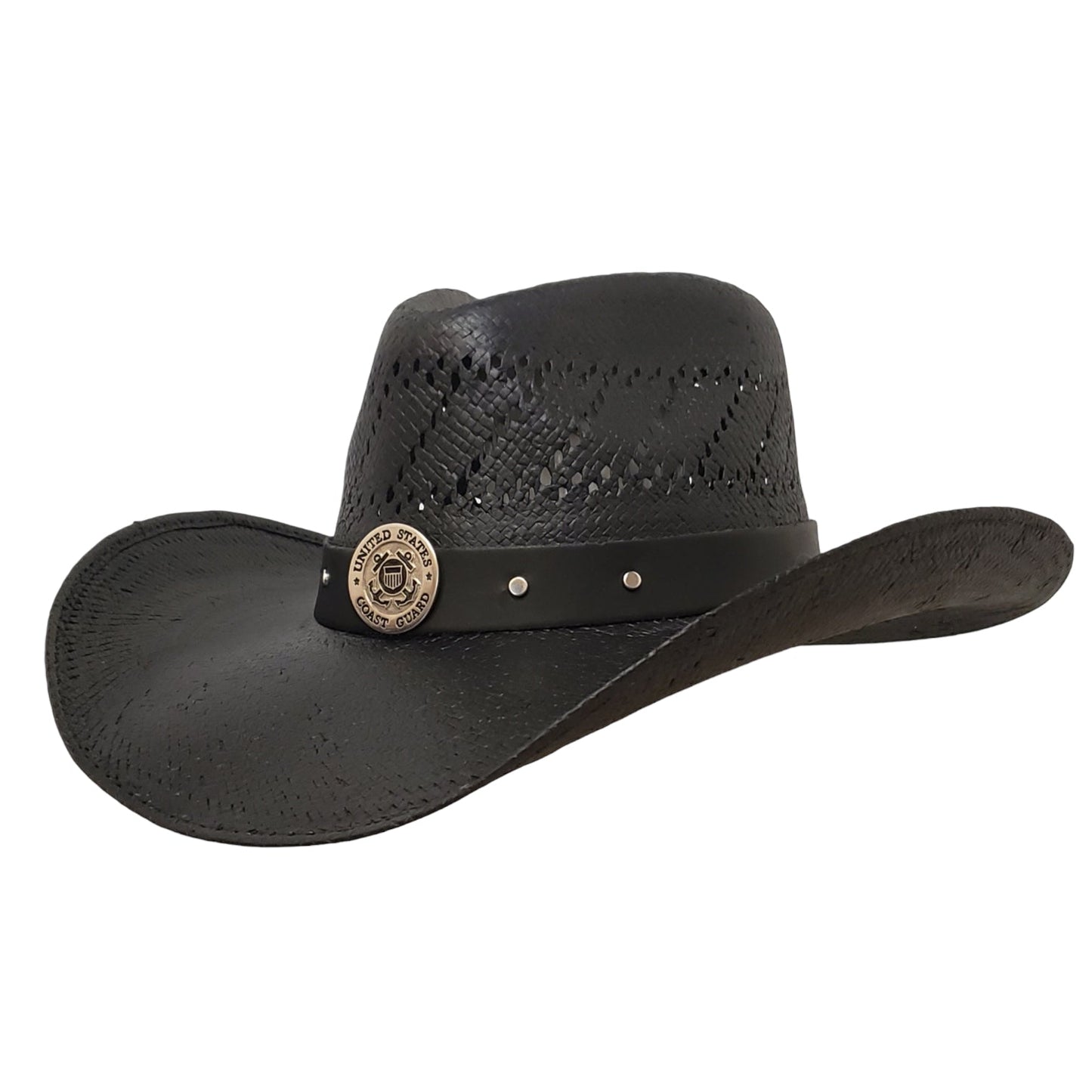 Coast Guard Heroes Black Straw Cowboy Hat – Patriotic Western Hat for Coast Guard Supporters | Durable Black Straw Hat with American Flag Design